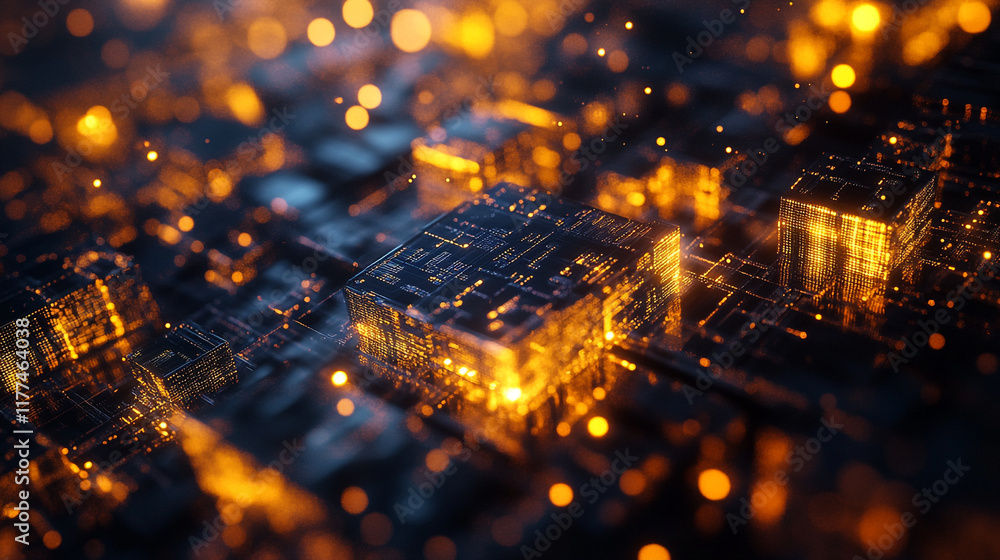 Poster discover intricate patterns and glowing structures in abstract digital landscape with bright lights
