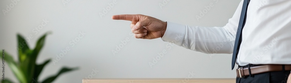 Poster a professional man gesturing with his hand, emphasizing a point while standing near a desk with a pl
