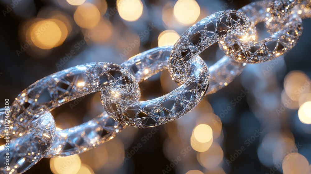 Poster sparkling glass chain links illuminated by soft bokeh lights in a darkened environment