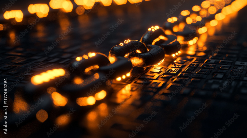 Poster close-up view of glowing metal chain links on a dark surface with intricate patterns