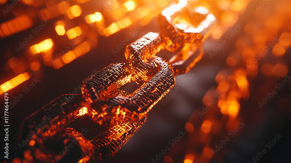 Poster shimmering digital chain connected to a vibrant glowing background in a futuristic setting