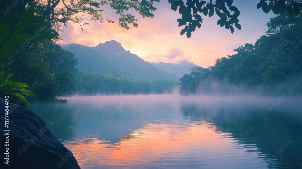 Poster serene landscape at dawn with mist over a calm lake and mountains in the background.