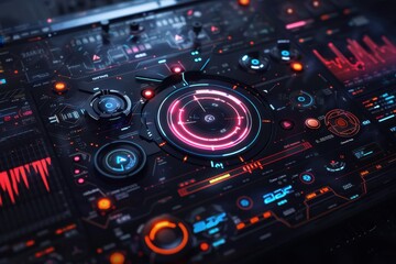 Futuristic Control Panel with Red and Blue Lights