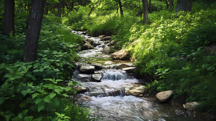 Obraz premium Gentle stream meandering through a verdant foothill slope near wildwood falls, lush greenery, peaceful atmosphere. Foothill. Illustration