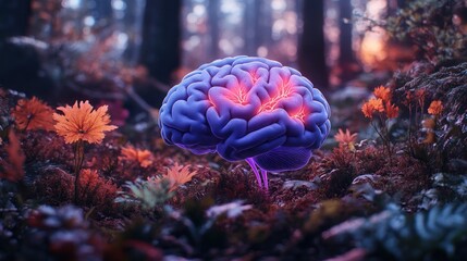 Illuminated brain in a forest setting.