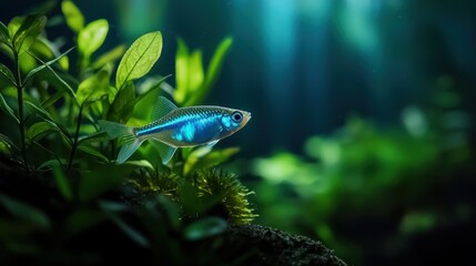 A small fish is swimming in a green leafy area