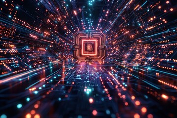 Obraz premium Glowing CPU core in cyberspace with fast data streams, for technology backgrounds