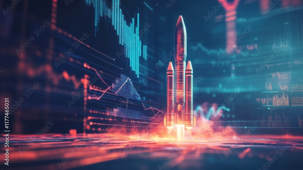 Poster bold rocket launch with upward-trending graphs, merging finance and progress into a futuristic visio