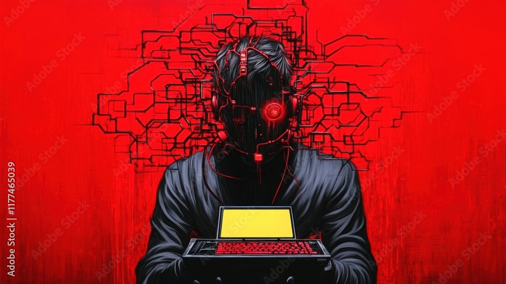 Poster a futuristic figure with a complex network of circuits emanating from the head, holding a vintage co
