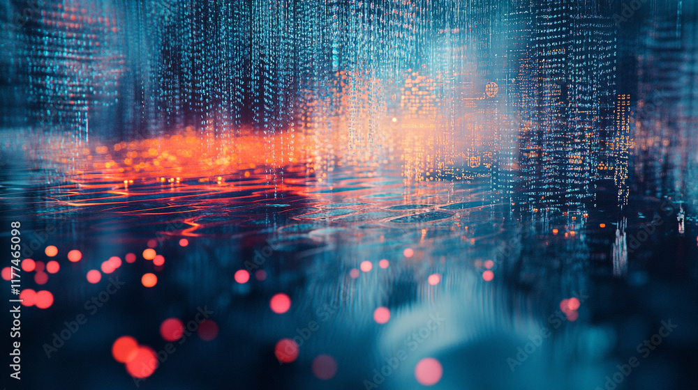 Poster vibrant abstract digital landscape showcasing flowing data streams and luminous particles