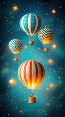 Colorful Hot Air Balloons Floating in a Starry Sky with Twinkling Stars and Bright Lights, Perfect for Dreamy and Whimsical Themes in Creative Art Projects