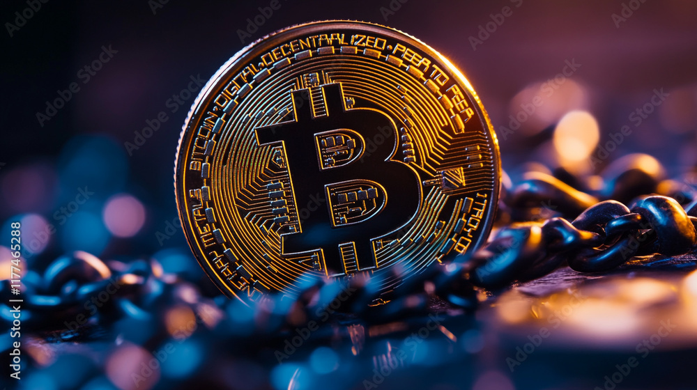 Aufkleber bitcoin coin resting on a dark surface with a chain in the background during evening light