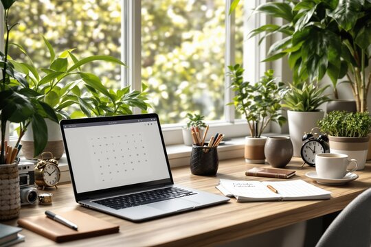 Organized home office desk with a laptop, stationery, coffee cup, and vibrant potted plants near a window. Natural light creates a cozy workspace vibe. Ai generative
