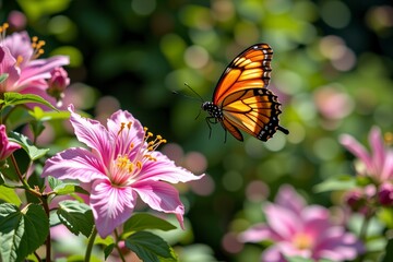 Obraz premium Monarch Butterfly in Flight Near Pink Hibiscus Flowers in a Garden