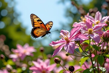 Naklejka premium Monarch Butterfly in Flight over Pink Clematis Flowers in a Garden