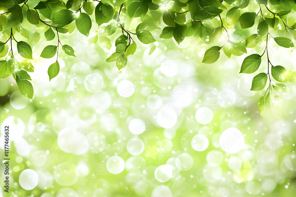 Poster lush green leaves with bokeh background, perfect for spring or summer themes, creating a tranquil an