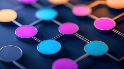 Fototapeta premium An abstract design featuring colorful circular nodes connected by lines, creating a visually appealing network or flowchart on a dark background.