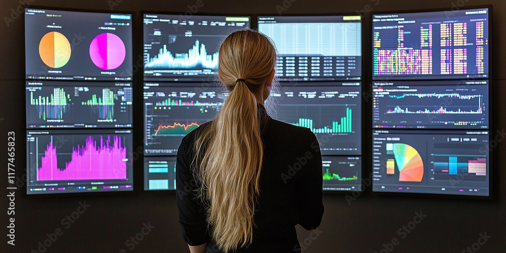 Poster a woman standing in front of multiple data screens displaying financial and analytical charts in a d