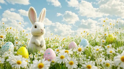 Fototapeta premium Cute Bunny Surrounded by Colorful Easter Eggs in a Beautiful Flower Field