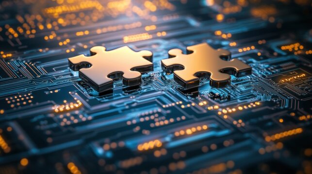 Technological Puzzle Pieces Interconnected on Circuit Board: A Visual Representation of Problem Solving and System Integration