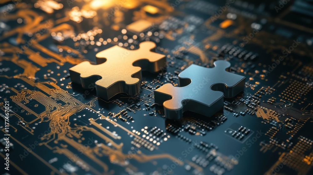 Aufkleber connecting the pieces: puzzle pieces on circuit board representing technological integration and inn