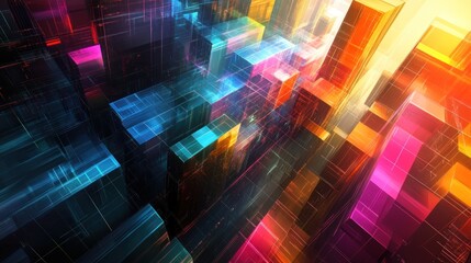 A digital abstract design featuring an array of colorful geometric shapes and translucent cubes