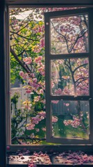 Pink cherry blossoms on the windowsill. Spring blossom.