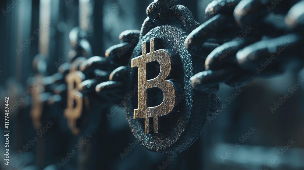 Poster close-up of golden bitcoin symbols on dark industrial chain links in an abstract setting