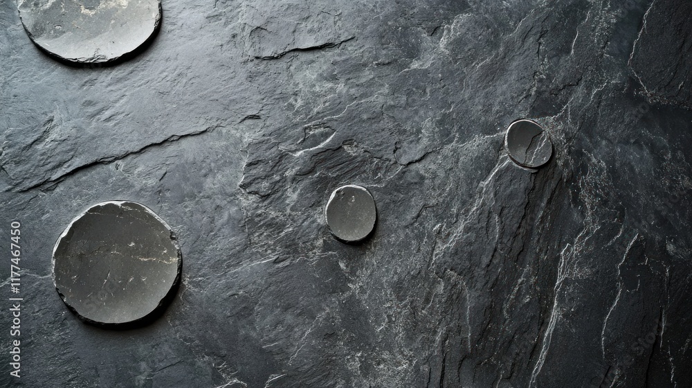 Poster Dark Grey Slate Texture Background with Circular Elements: Minimalist Abstract Design