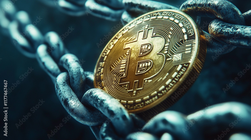 Aufkleber bitcoin coin linked to heavy metallic chains in a dark environment