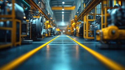 Obraz premium Industrial interior factory. Perspective view of a modern production line