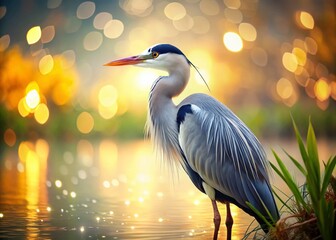 Naklejka premium Japanese Painting Style Heron with Bokeh Background - Artistic Bird Illustration