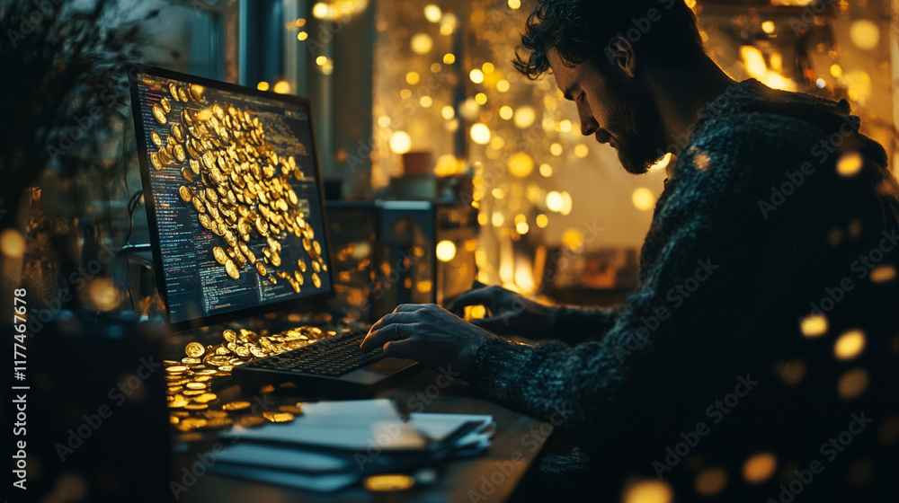 Aufkleber creative individual coding in a cozy, illuminated workspace during evening hours