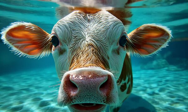 adorable cow wearing diving goggles in a swimming pool is diving