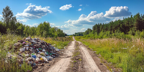 A polluted forest road with piles of garbage and plastic waste on either side, highlighting an environmental issue amid a serene natural setting with tall green trees.