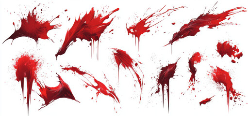 Blood splatter effects in various shapes and sizes, ideal for horror or thriller themes. These dynamic red stains add intensity and drama to any design project