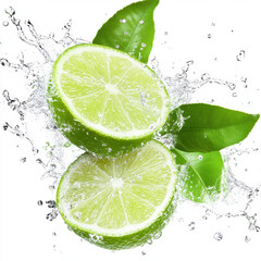 Fresh lime halves splash in water, surrounded by green leaves, creating vibrant and refreshing scene. Perfect for culinary or beverage themes