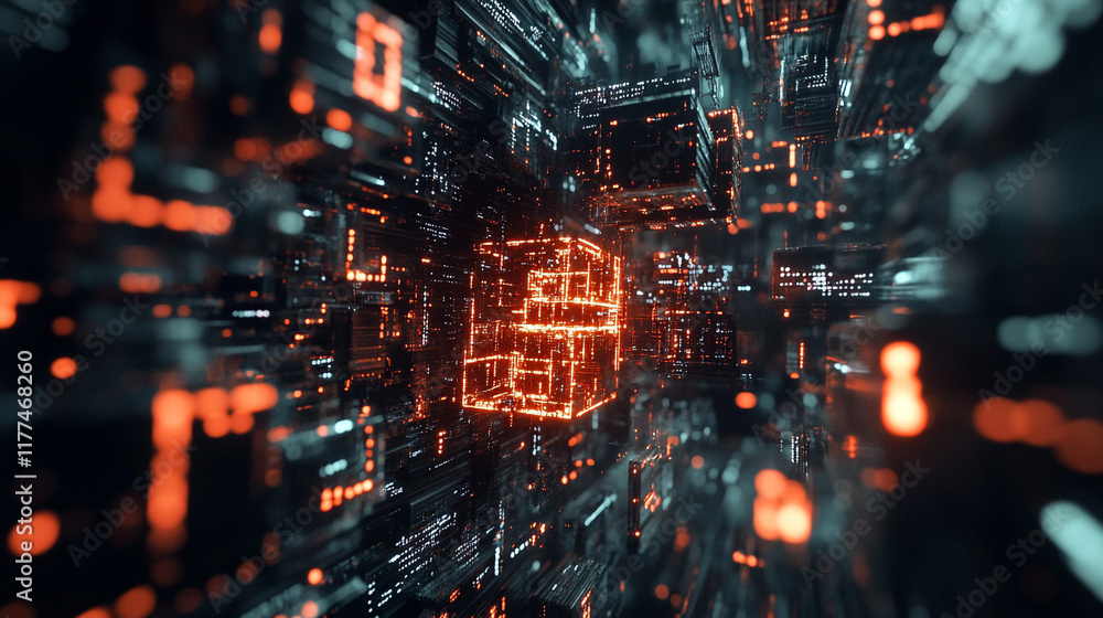 Fototapete digital cityscape with glowing data structures and abstract technology in motion