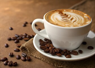 Obraz premium Coffee Cup with Foam and Coffee Beans