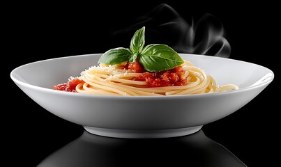 Steaming spaghetti with tomato sauce, basil