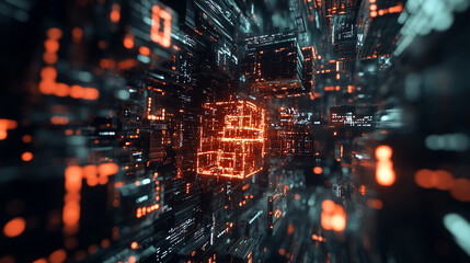 Obraz premium Digital cityscape with glowing data structures and abstract technology in motion