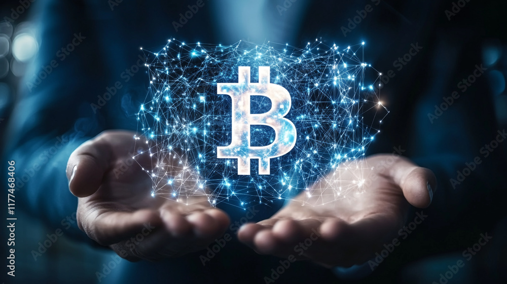 Poster holding a digital representation of bitcoin amidst a network of connections and data