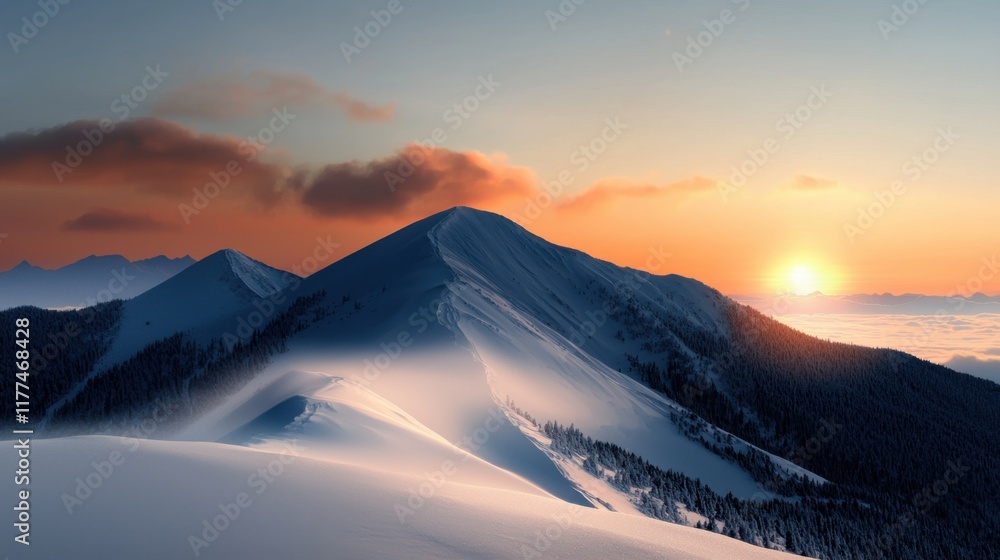 Poster a mountain range with a snow covered peak and a sun setting in the background