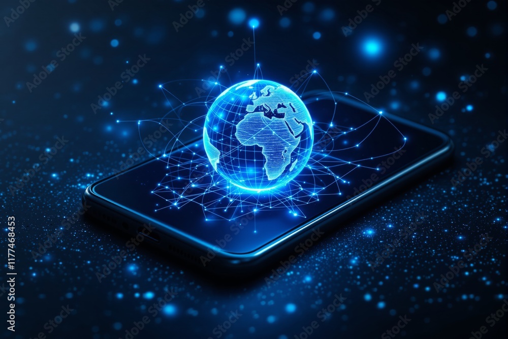 Aufkleber digital glowing globe with network connections on a smartphone screen, surrounded by blue particles 