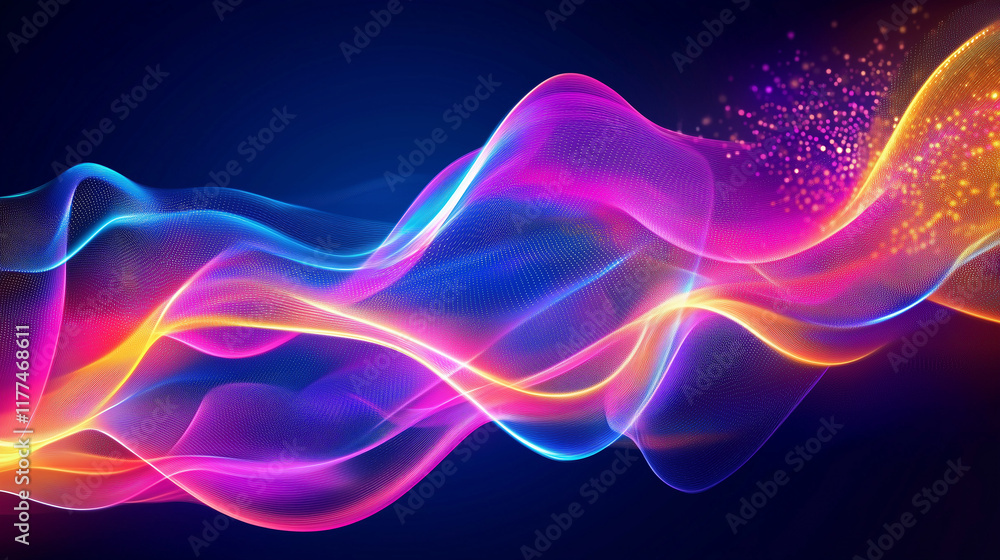 Poster fluid neon abstract designs flowing through the canvas, with bold colors representing digital transf