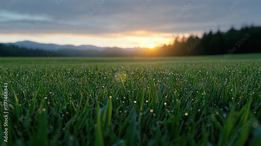 Poster a field of grass with a sun setting in the background