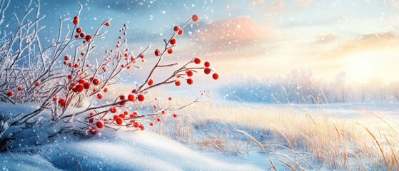 Winter tree branches adorned with red berries and snow against a serene blue sky background creating a peaceful seasonal landscape.
