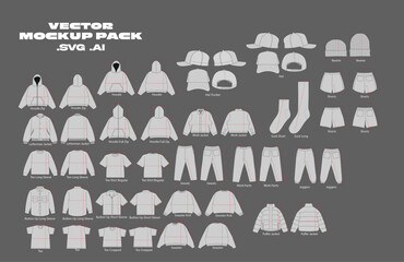 Basic Pack Vector Mockup Streetwear Clothing Vector Mockup Pack Techpack Vector Apparel Mockup Collection Fashion Illustrator Vector Tech Pack Men's T-shirt Trucker Hoodie Joggers Jacket Short 