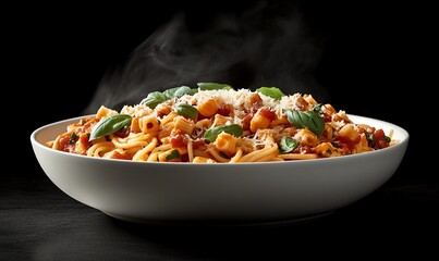 Steaming pasta dish, tomato sauce, basil. Food photography for recipe blogs
