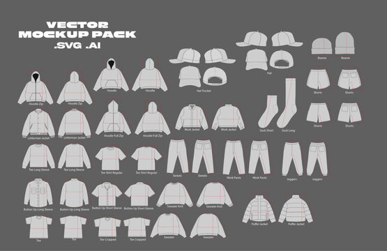 Basic Pack Vector Mockup Streetwear Clothing Vector Mockup Pack Techpack Vector Apparel Mockup Collection Fashion Illustrator Vector Tech Pack Men's T-shirt Trucker Hoodie Joggers Jacket Short 